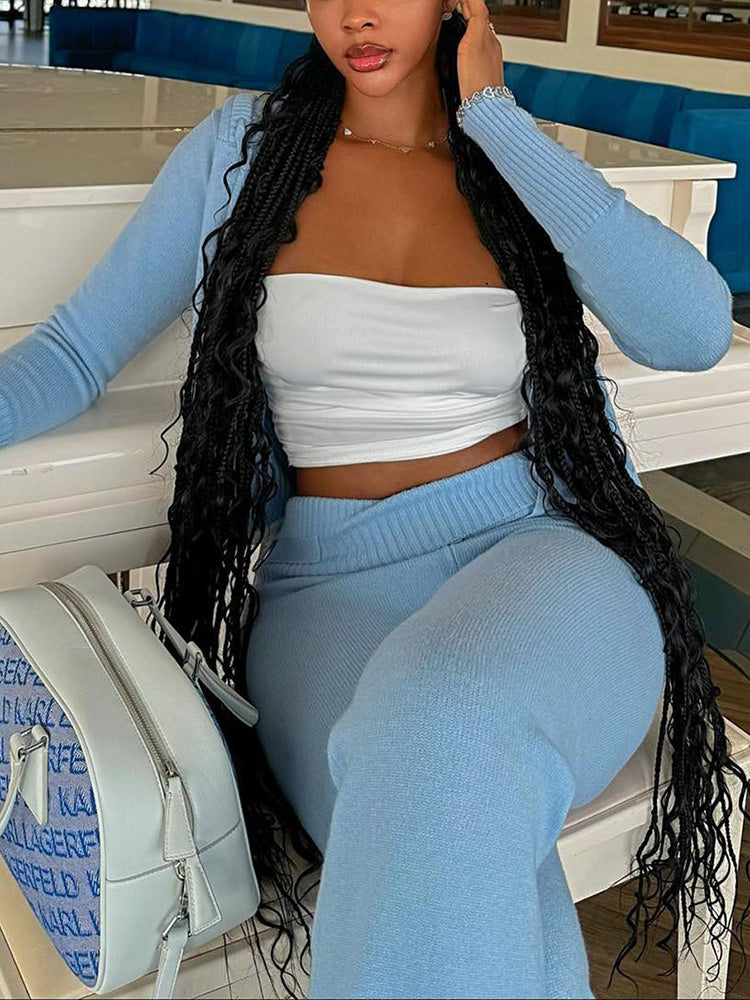 Knit Crop Hoodie & Flare Pants Set