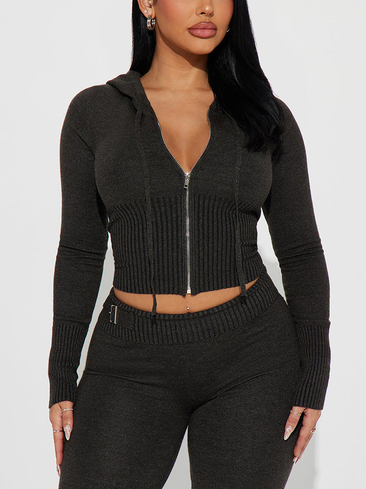 Knit Crop Hoodie & Flare Pants Set