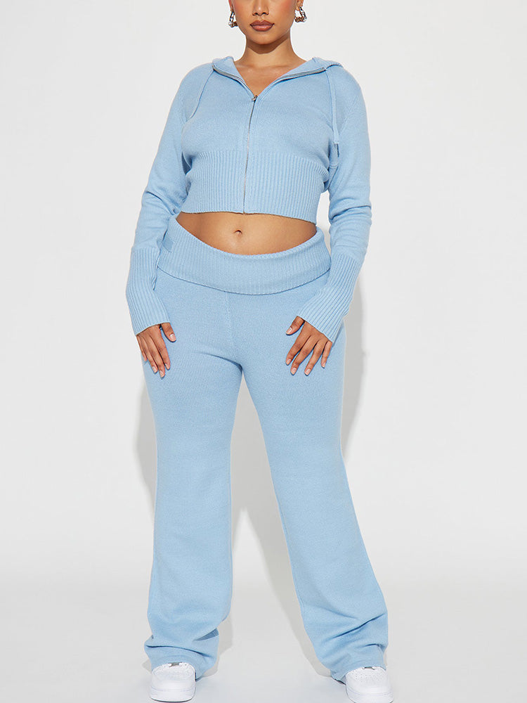 Knit Crop Hoodie & Flare Pants Set