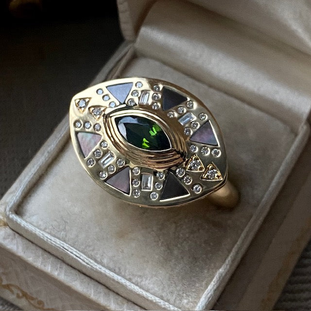 Harwell Godfrey 18k Tourmaline. MOP. Diamond Cleopatra's Eye Cocktail Ring
