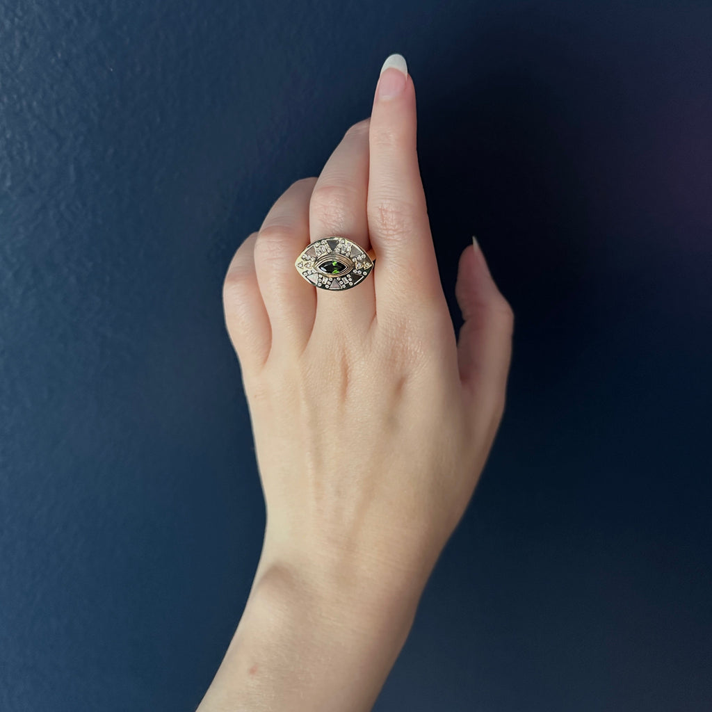 Harwell Godfrey 18k Tourmaline. MOP. Diamond Cleopatra's Eye Cocktail Ring