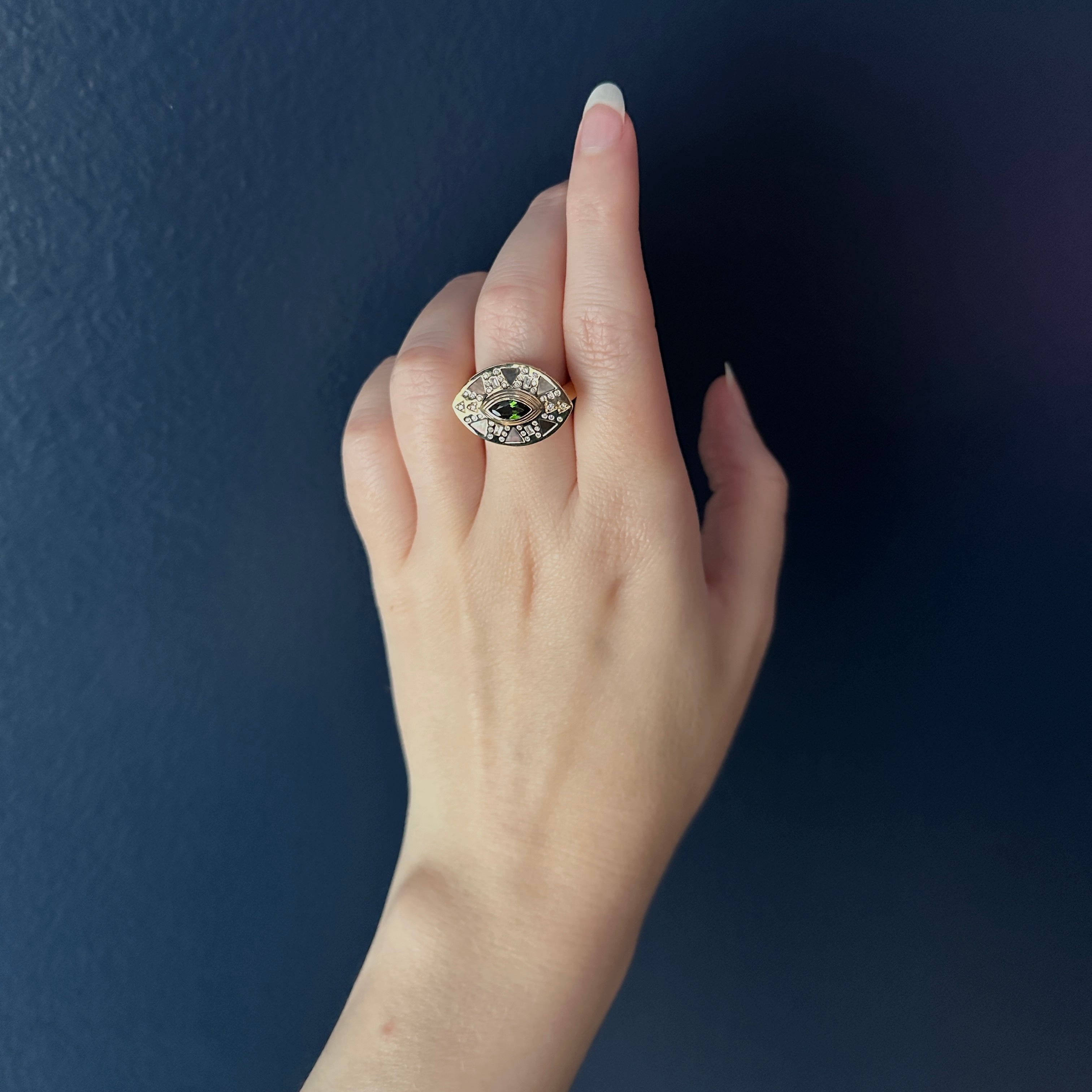 Harwell Godfrey 18k Tourmaline. MOP. Diamond Cleopatra's Eye Cocktail Ring