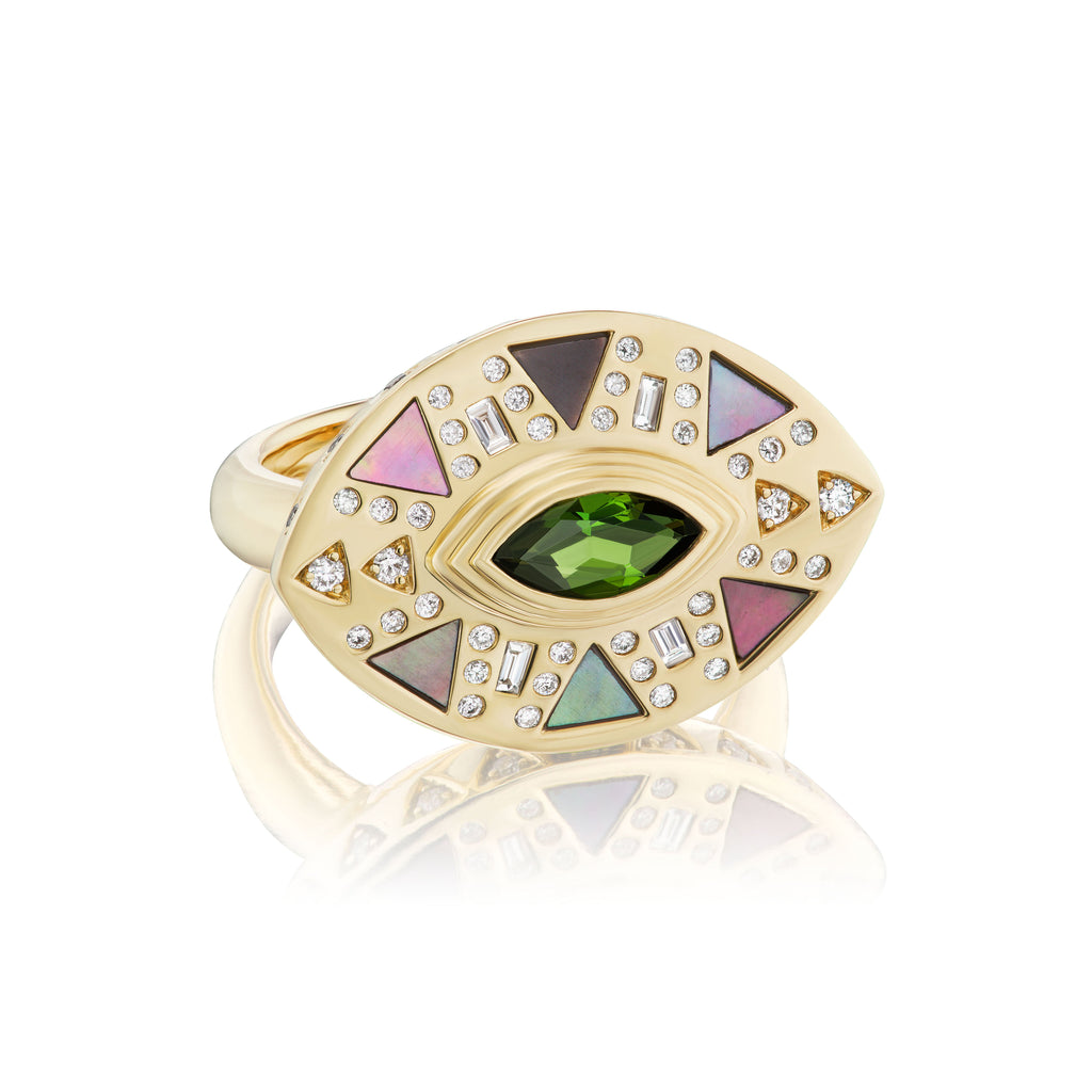 Harwell Godfrey 18k Tourmaline. MOP. Diamond Cleopatra's Eye Cocktail Ring